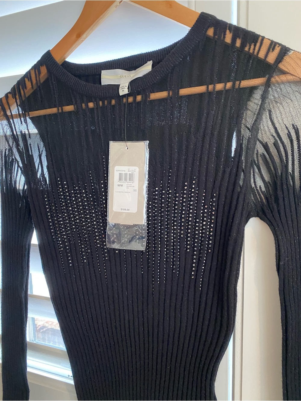 Guess by Marciano Black Ribbed Sheer Long-Sleeve Top with Rhinestones